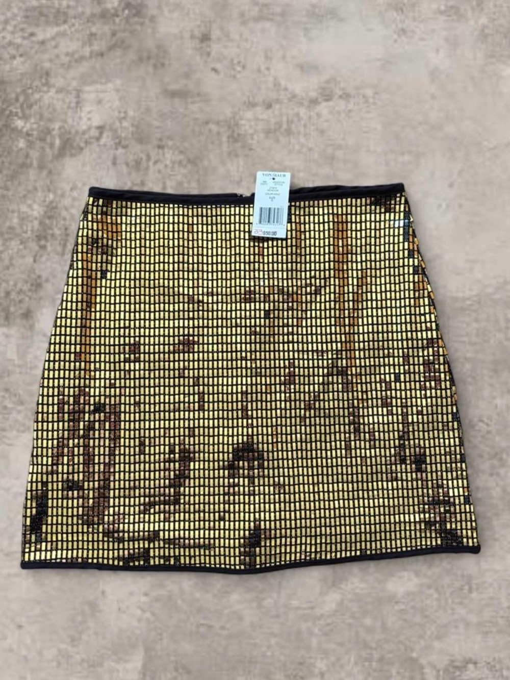 Le Lis Gold Sequin Grid Mini Skirt with Black Trim